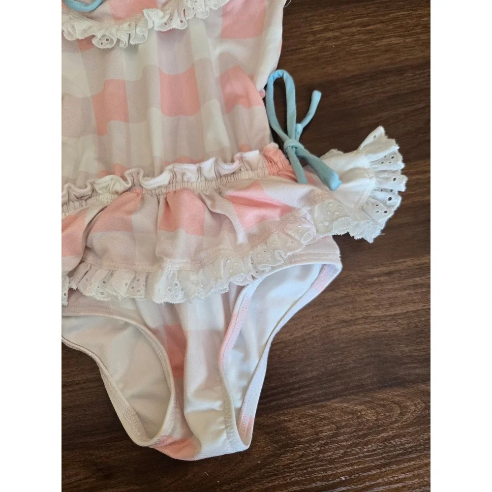 Wildling Girls Pink Gingham Ruffle Eyelet One Piece Swimsuit Size 3‎ Blue Bow